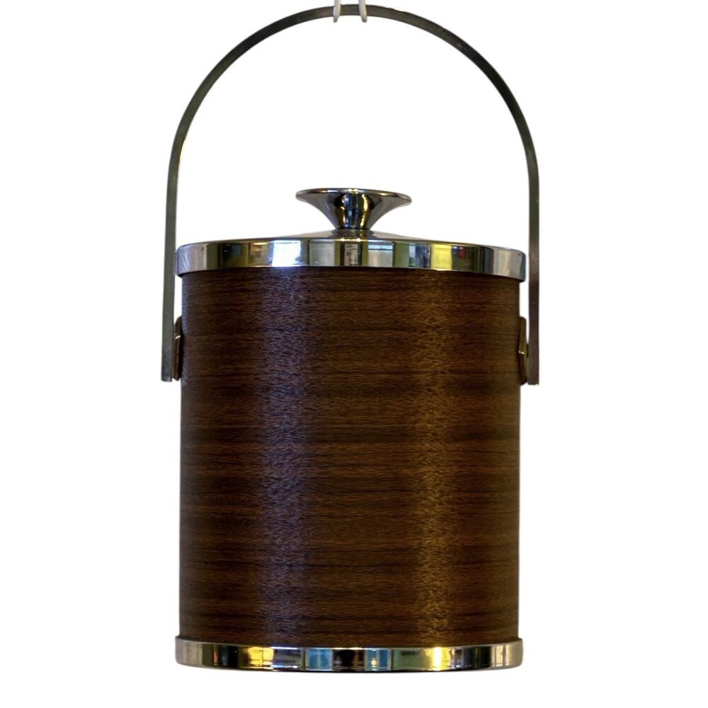 VTG Serv-Master‎ Ice Bucket Retro Woodgrain Silver Accent Barware Party MCM